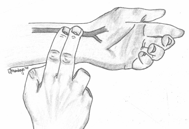 Image montrant comment prendre son pouls en placant les doigts sur le poignet