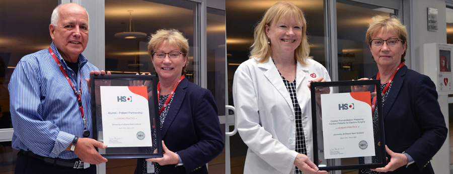 On the left photo: Jean Bilodeau, President of the Patient Alumni, receives a plaque from Heather Sherrard, Executive Vice President, Clinical Operations and Chief Nursing  Officer.  On the right photo: Jane Brownrigg, Clinical Manager of Cardiac Rehabilitation, receives a plaque from Heather Sherrard.