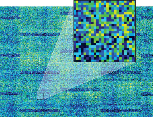 Output from the GeneTitan system that the Heart Institute used in the 2011 CARDIoGRAM consortium discovery of 13 new genetic variants associated with heart disease. Each square shown in the close-up represents one of the 1.1 million genetic variants each sample was compared against. Black indicates the sample had no copies of a given variant, yellow indicates two copies and other colours indicate one copy.