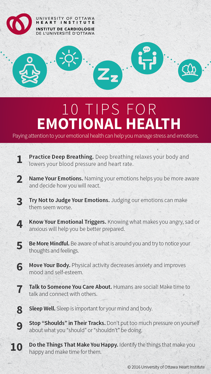 10 TIPS FOR EMOTIONAL HEALTH: Paying attention to your emotional health can help you manage stress and emotions. Practice Deep Breathing: Deep breathing relaxes your body and lowers your blood pressure and heart rate. Name Your Emotions: Naming your emotions helps you be more aware and decide how you will react. Try Not to Judge Your Emotions: Judging our emotions can make them seem worse. Know Your Emotional Triggers: Knowing what makes you angry, sad or anxious will help you be better prepared. Be More Mindful: Be aware of what is around you and try to notice your thoughts and feelings. Move Your Body: Physical activity decreases anxiety and improves mood and self-esteem. Talk to Someone You Care About: Humans are social! Make time to talk and connect with others. Sleep Well: Sleep is important for your mind and body. Stop “Shoulds” in Their Tracks: Don’t put too much pressure on yourself about what you “should” or “shouldn’t” be doing. Do the Things That Make You Happy: Identify the things that make you happy and make time for them.