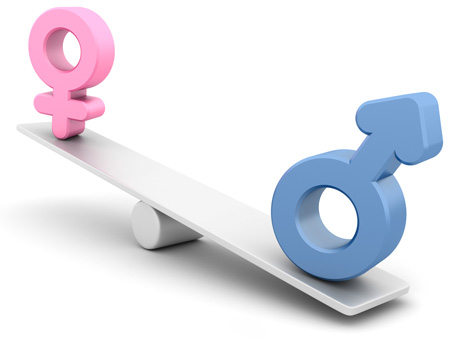 Une illustration d'une signe «féminin » et d'un signe « masculin » sur les extrémités opposées d'une bascule
