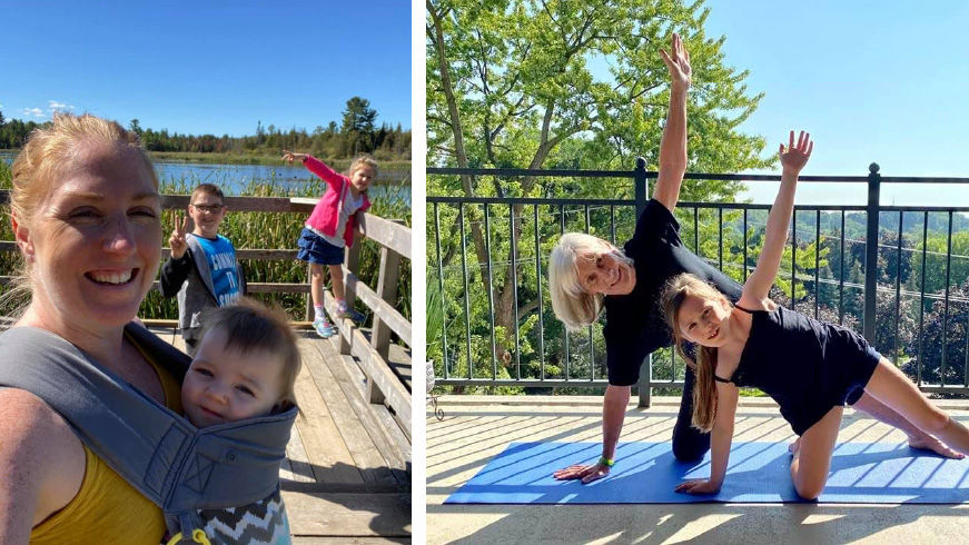 A participant carrying a baby and two children appears in the back on a boardwalk by a body of water.  A couple of participants doing yoga outside.