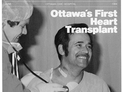 Le Dr Ross Davies aux côtés de Jean-Guy Villeneuve, premier greffé cardiaque d’Ottawa, mai 1984.